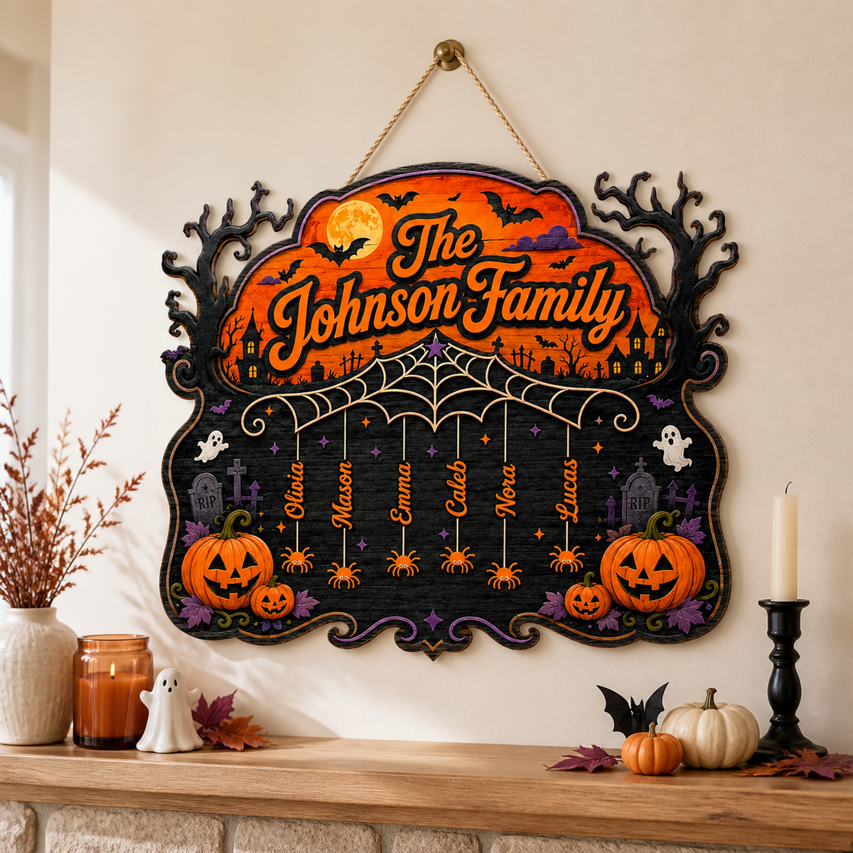 Halloween Spiderweb Family Sign With Hanging Names - Personalized Wood Sign - Spooky Family Door Decor