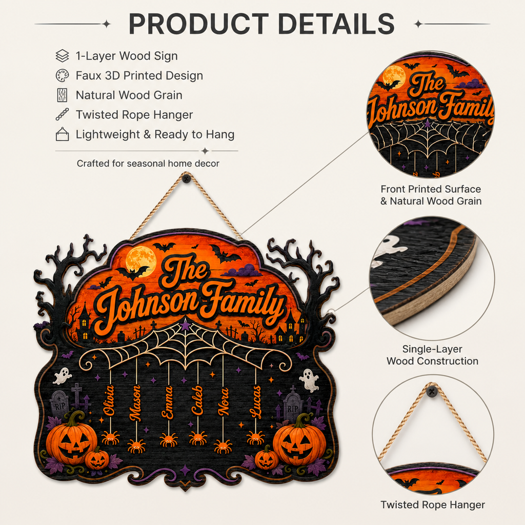 Halloween Spiderweb Family Sign With Hanging Names - Personalized Wood Sign - Spooky Family Door Decor