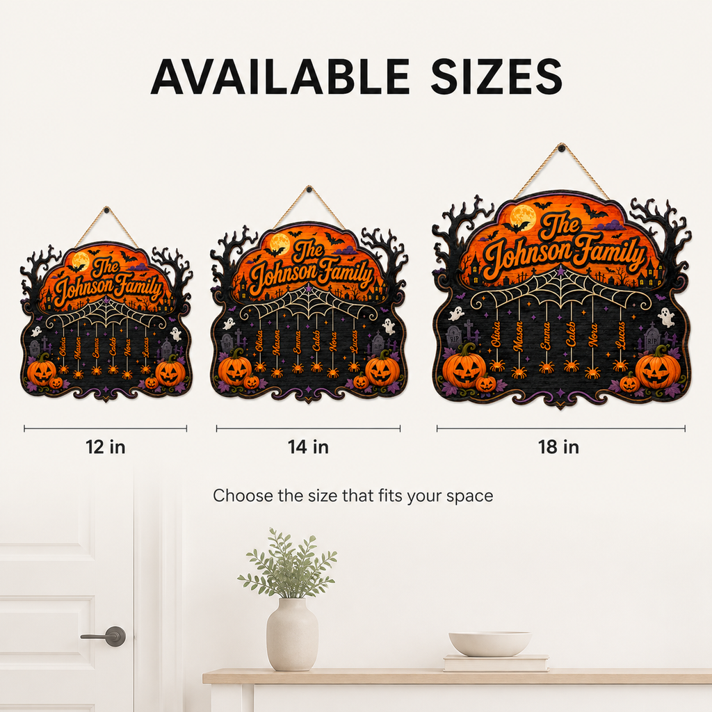 Halloween Spiderweb Family Sign With Hanging Names - Personalized Wood Sign - Spooky Family Door Decor