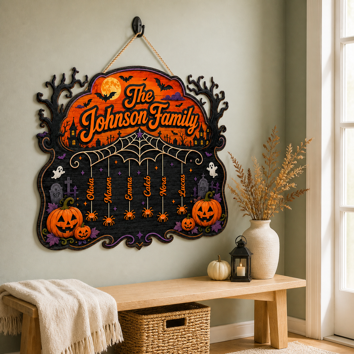 Halloween Spiderweb Family Sign With Hanging Names - Personalized Wood Sign - Spooky Family Door Decor