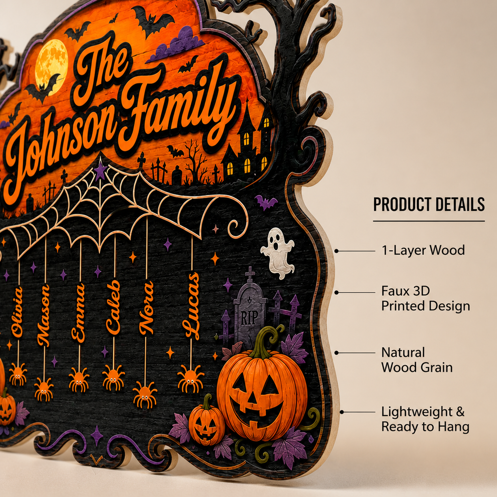 Halloween Spiderweb Family Sign With Hanging Names - Personalized Wood Sign - Spooky Family Door Decor