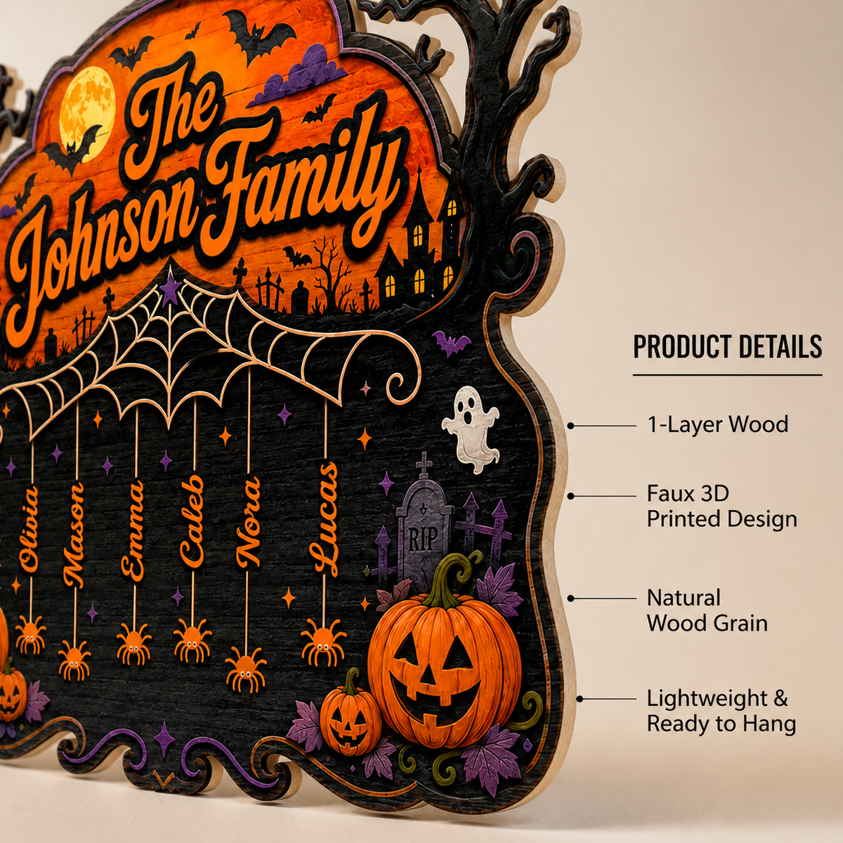 Halloween Spiderweb Family Sign With Hanging Names - Personalized Wood Sign - Spooky Family Door Decor