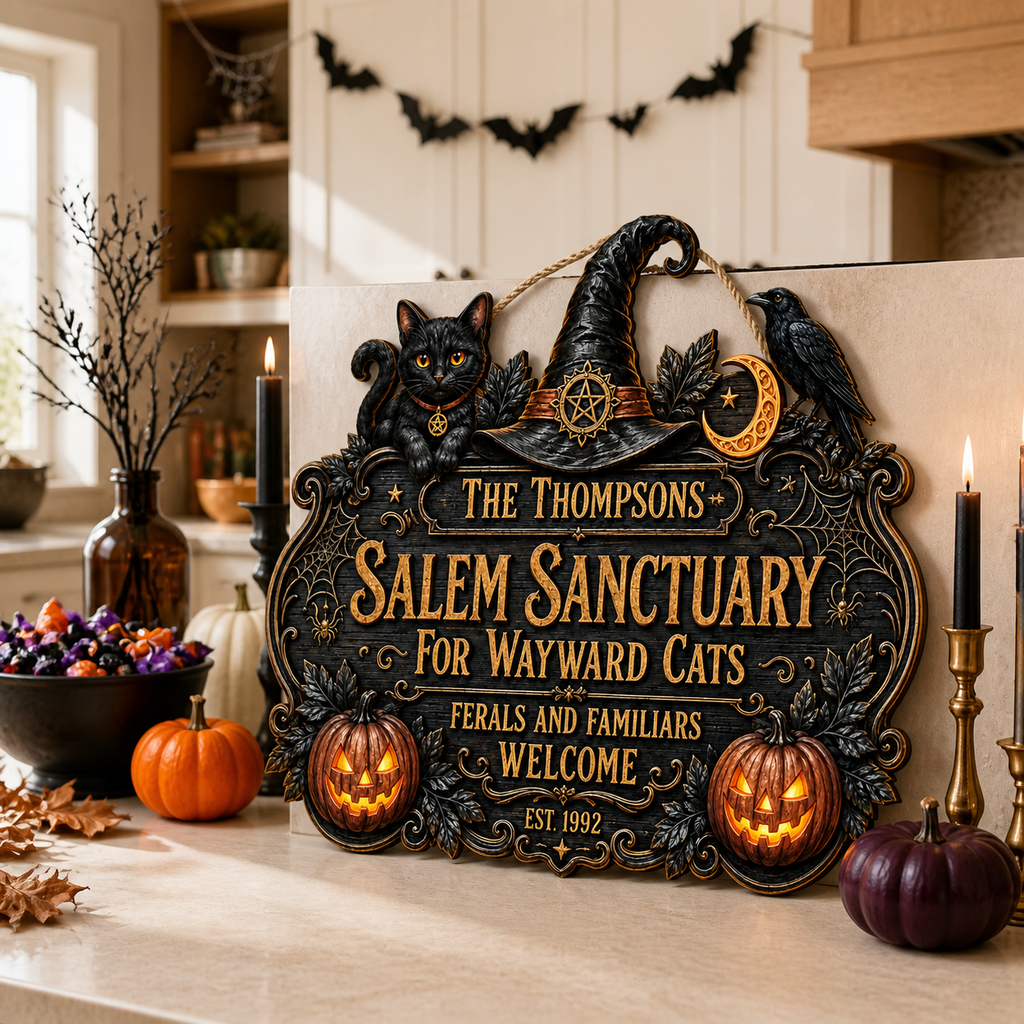 Salem Sanctuary For Wayward Cats - Personalized Family Name & Year Wood Sign - Witchy Halloween Cat Decor