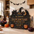 Salem Sanctuary For Wayward Cats - Personalized Family Name & Year Wood Sign - Witchy Halloween Cat Decor