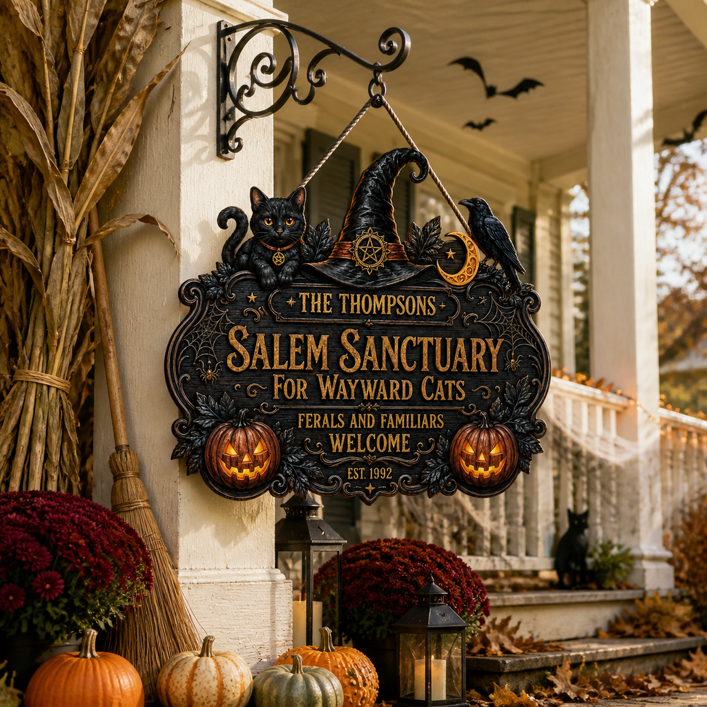 Salem Sanctuary For Wayward Cats - Personalized Family Name & Year Wood Sign - Witchy Halloween Cat Decor