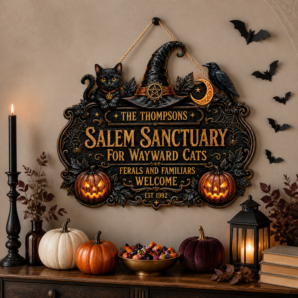 Salem Sanctuary For Wayward Cats - Personalized Family Name & Year Wood Sign - Witchy Halloween Cat Decor