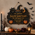 Salem Sanctuary For Wayward Cats - Personalized Family Name & Year Wood Sign - Witchy Halloween Cat Decor