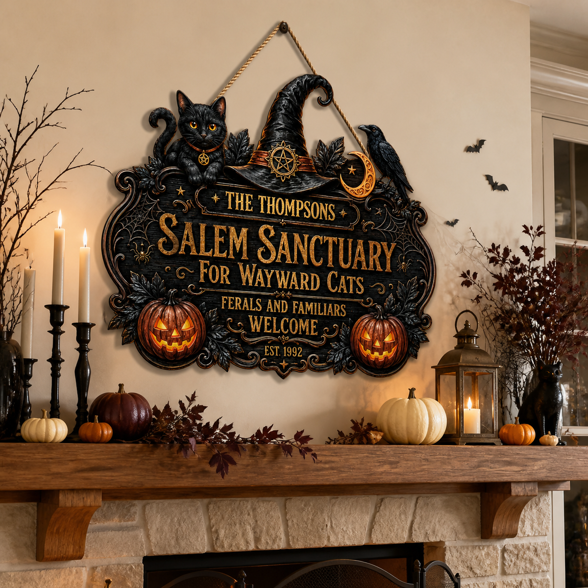 Salem Sanctuary For Wayward Cats - Personalized Family Name & Year Wood Sign - Witchy Halloween Cat Decor