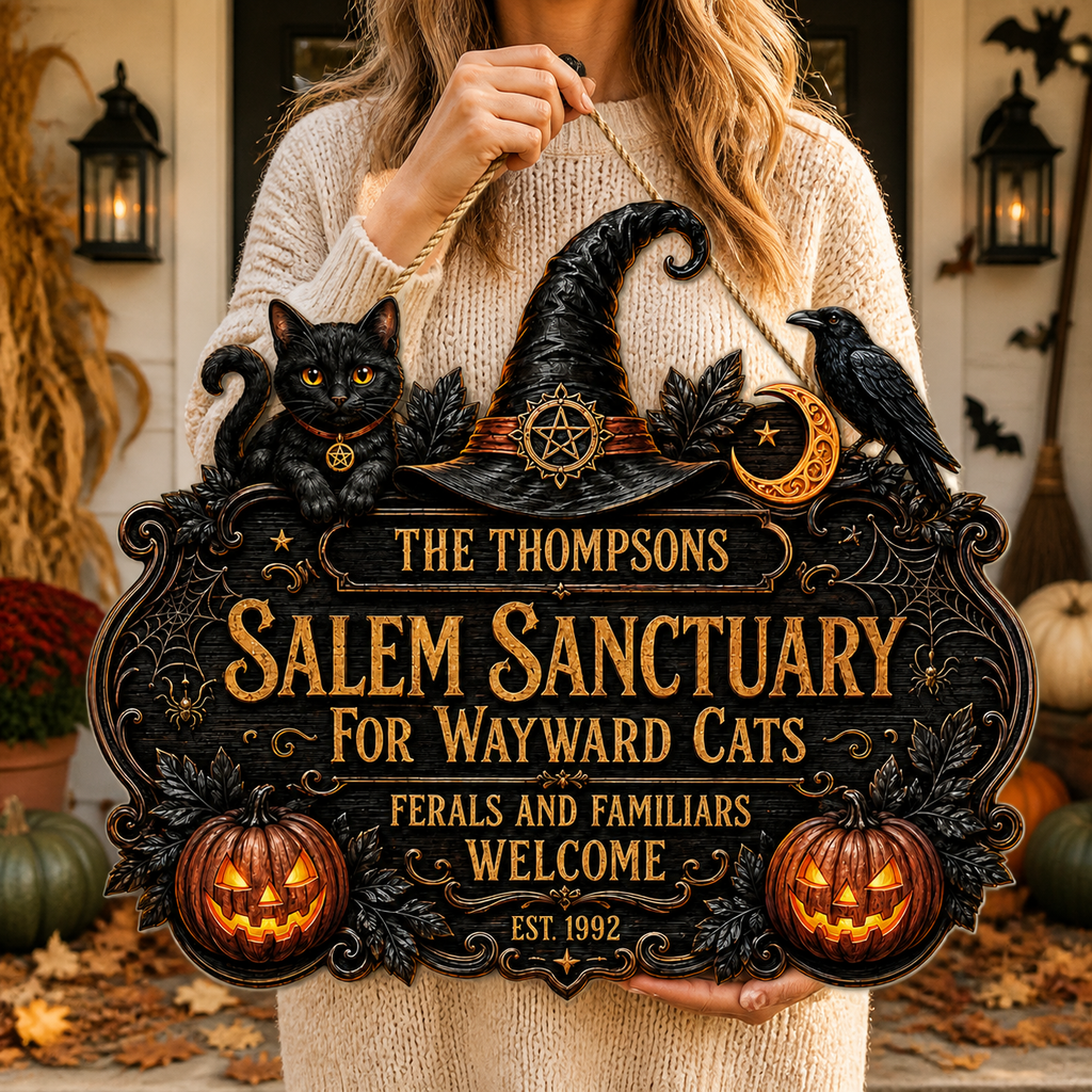 Salem Sanctuary For Wayward Cats - Personalized Family Name & Year Wood Sign - Witchy Halloween Cat Decor