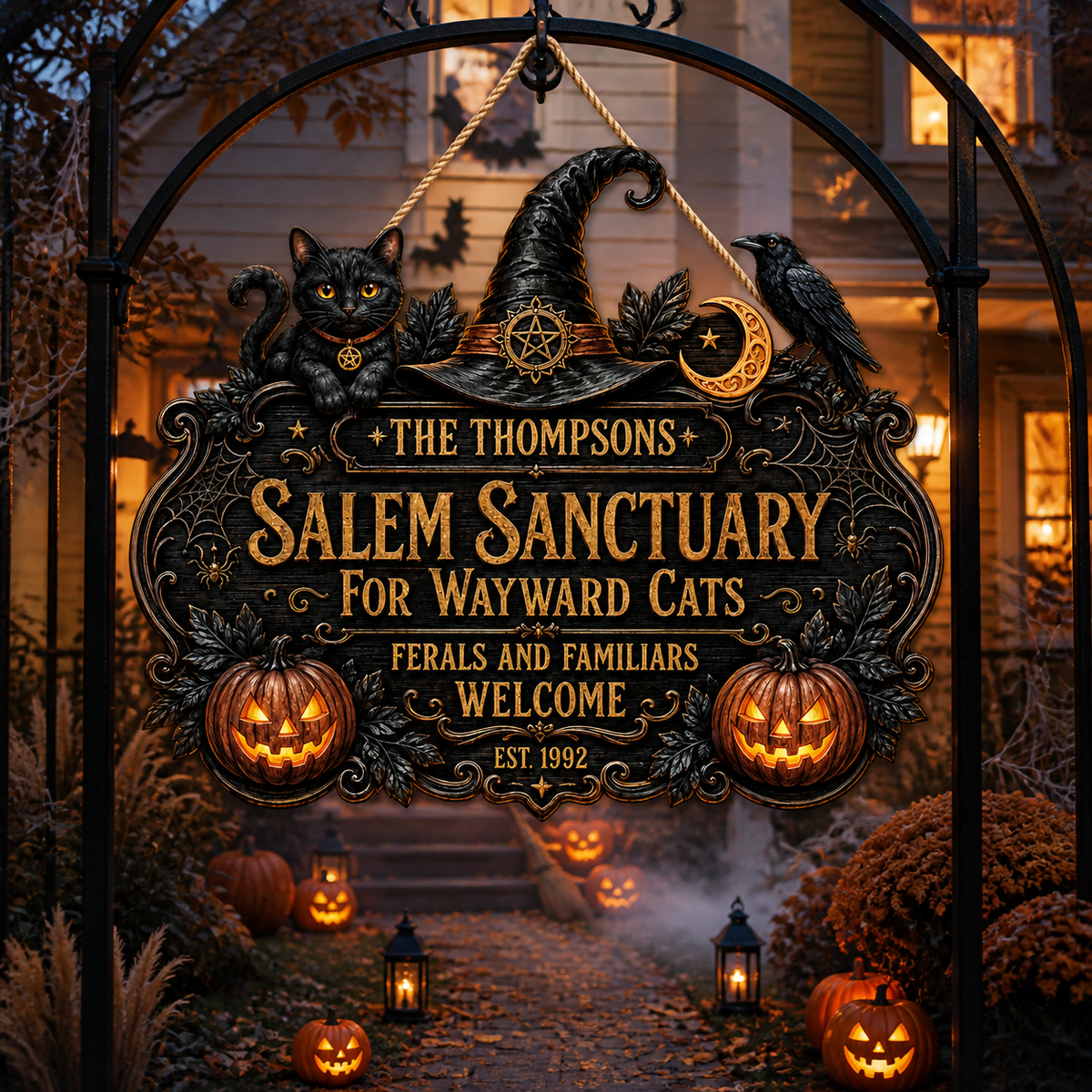 Salem Sanctuary For Wayward Cats - Personalized Family Name & Year Wood Sign - Witchy Halloween Cat Decor