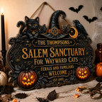 Salem Sanctuary For Wayward Cats - Personalized Family Name & Year Wood Sign - Witchy Halloween Cat Decor