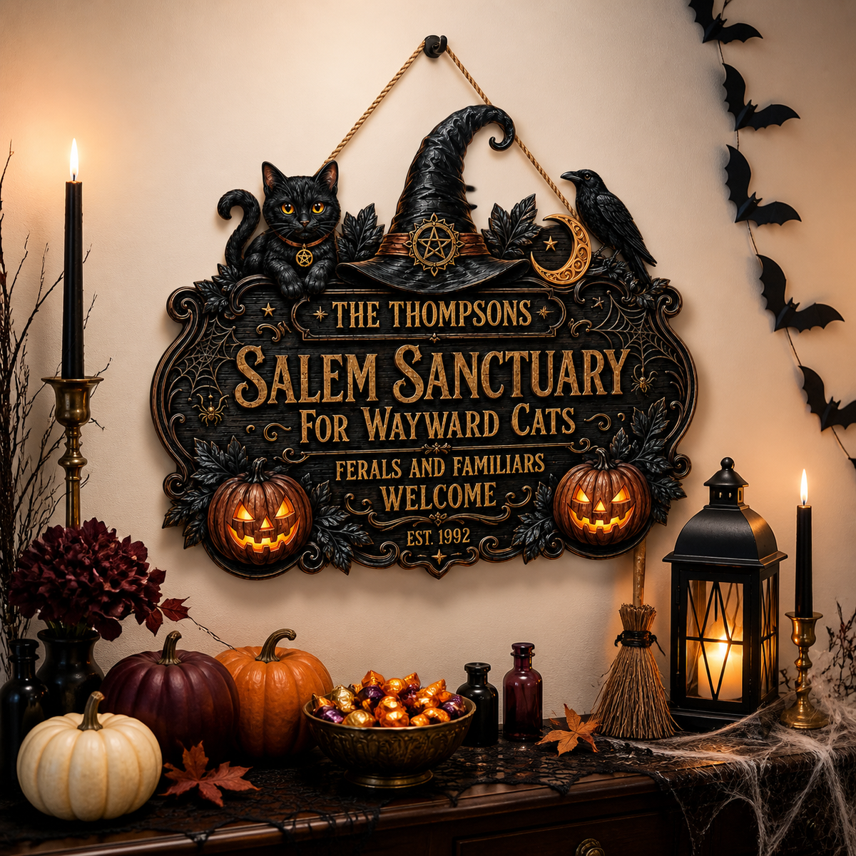 Salem Sanctuary For Wayward Cats - Personalized Family Name & Year Wood Sign - Witchy Halloween Cat Decor