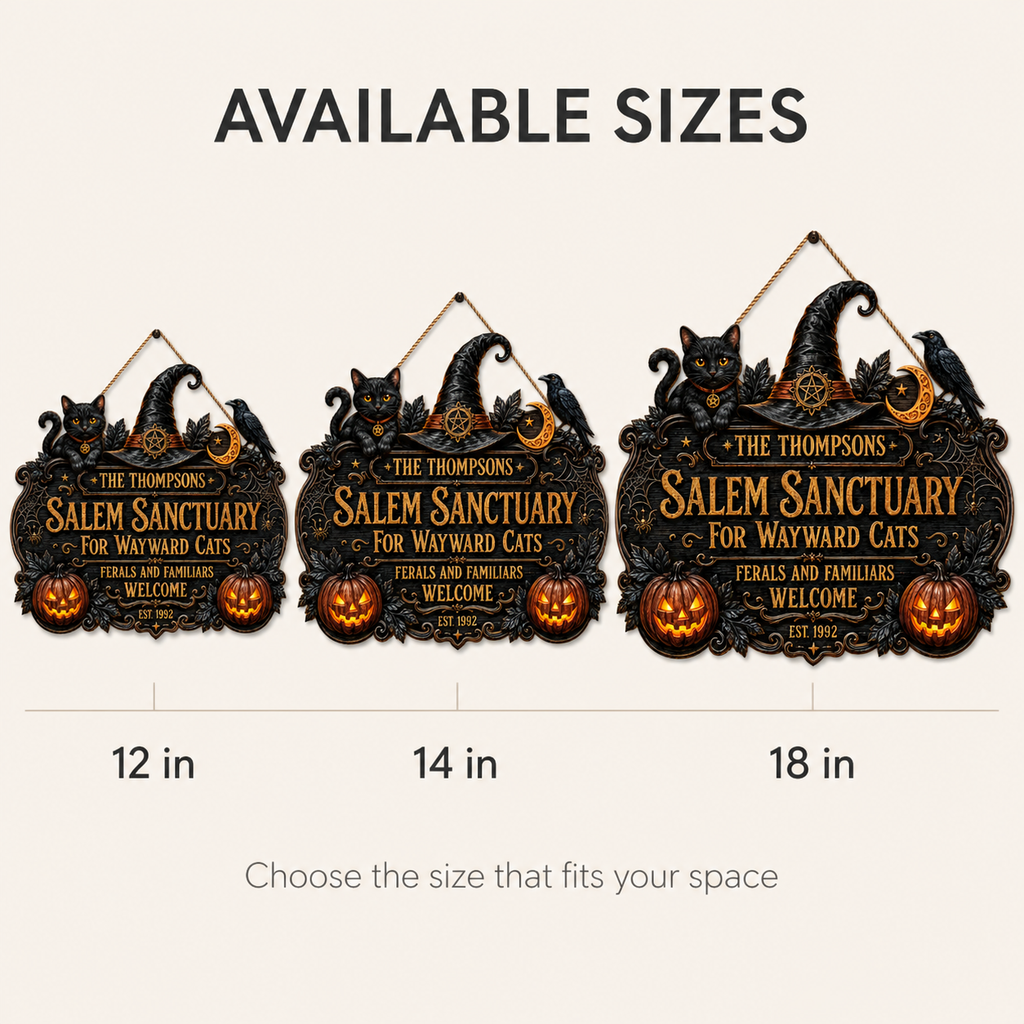 Salem Sanctuary For Wayward Cats - Personalized Family Name & Year Wood Sign - Witchy Halloween Cat Decor
