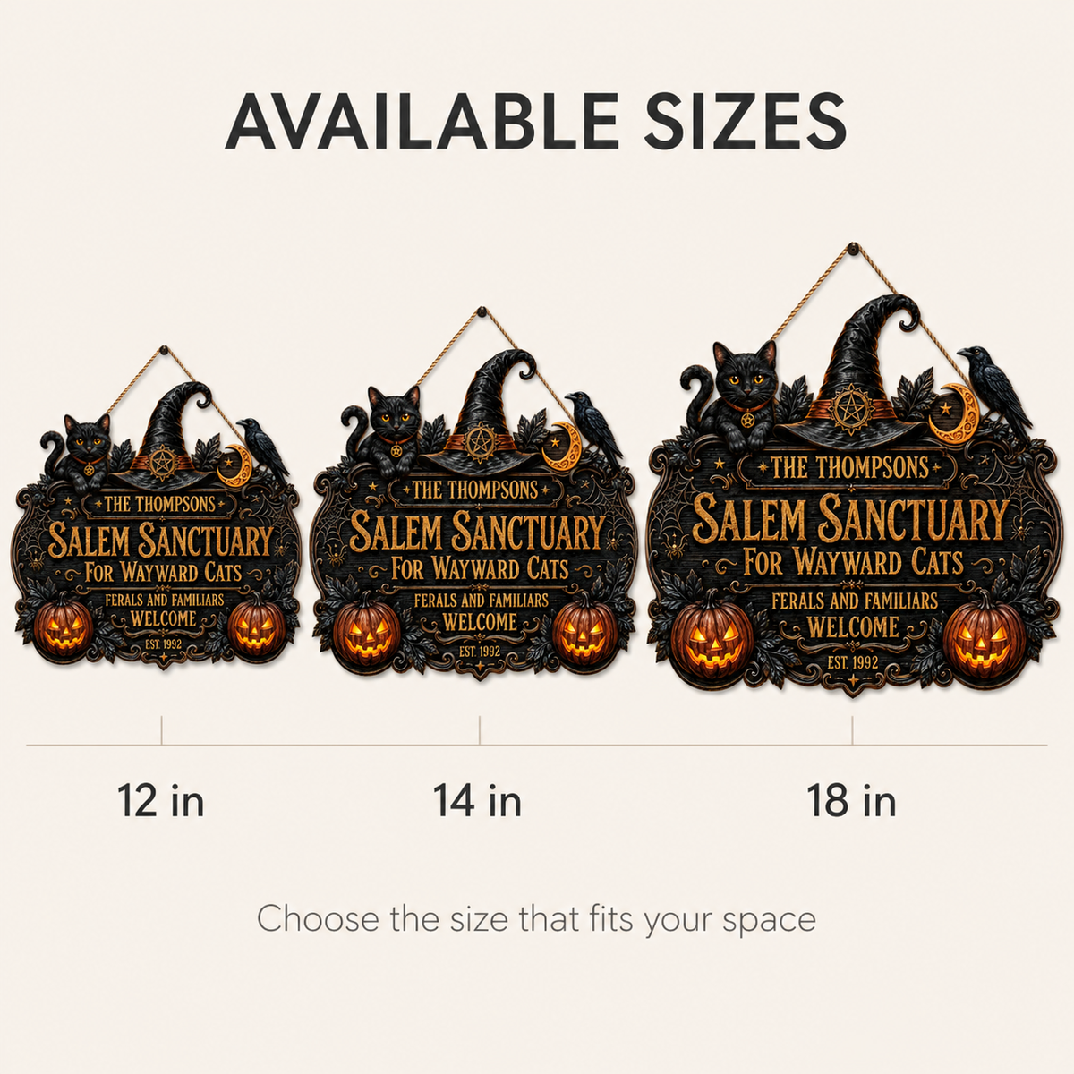 Salem Sanctuary For Wayward Cats - Personalized Family Name & Year Wood Sign - Witchy Halloween Cat Decor