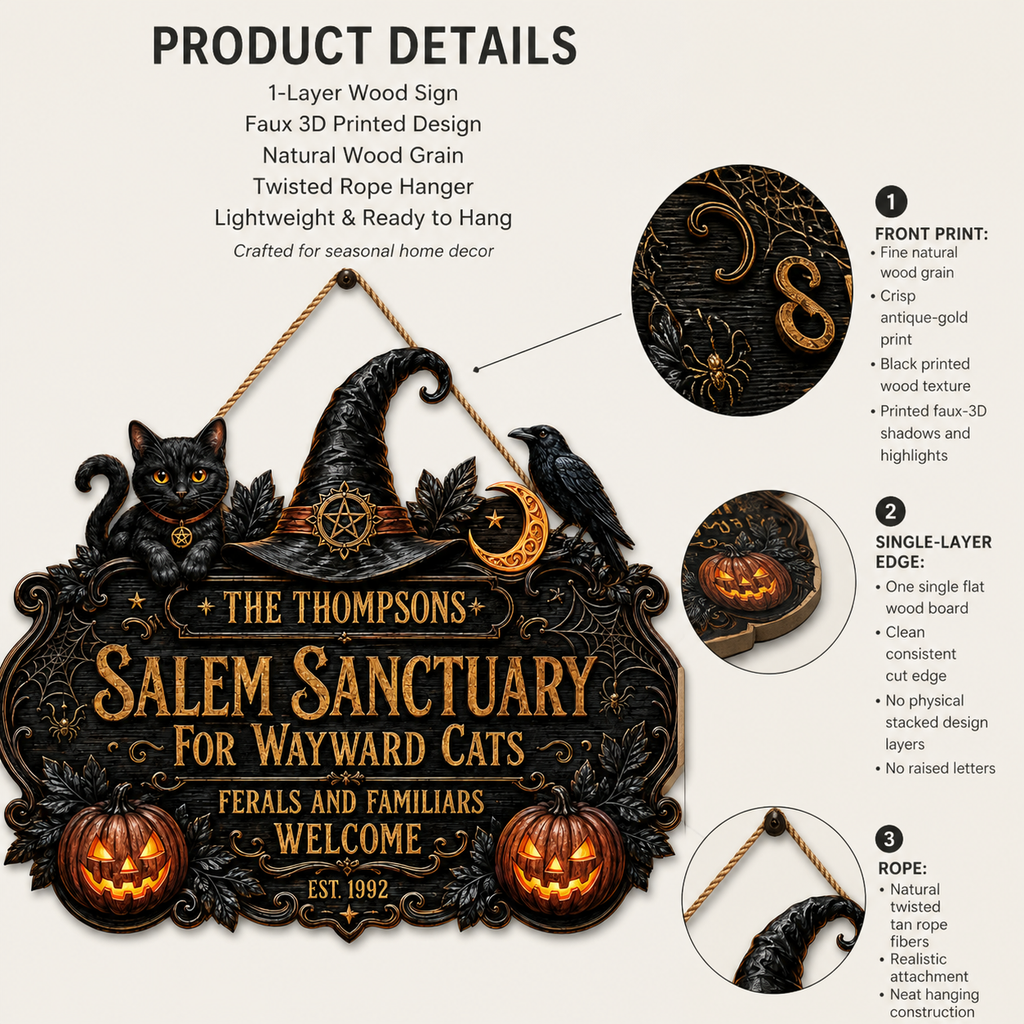 Salem Sanctuary For Wayward Cats - Personalized Family Name & Year Wood Sign - Witchy Halloween Cat Decor