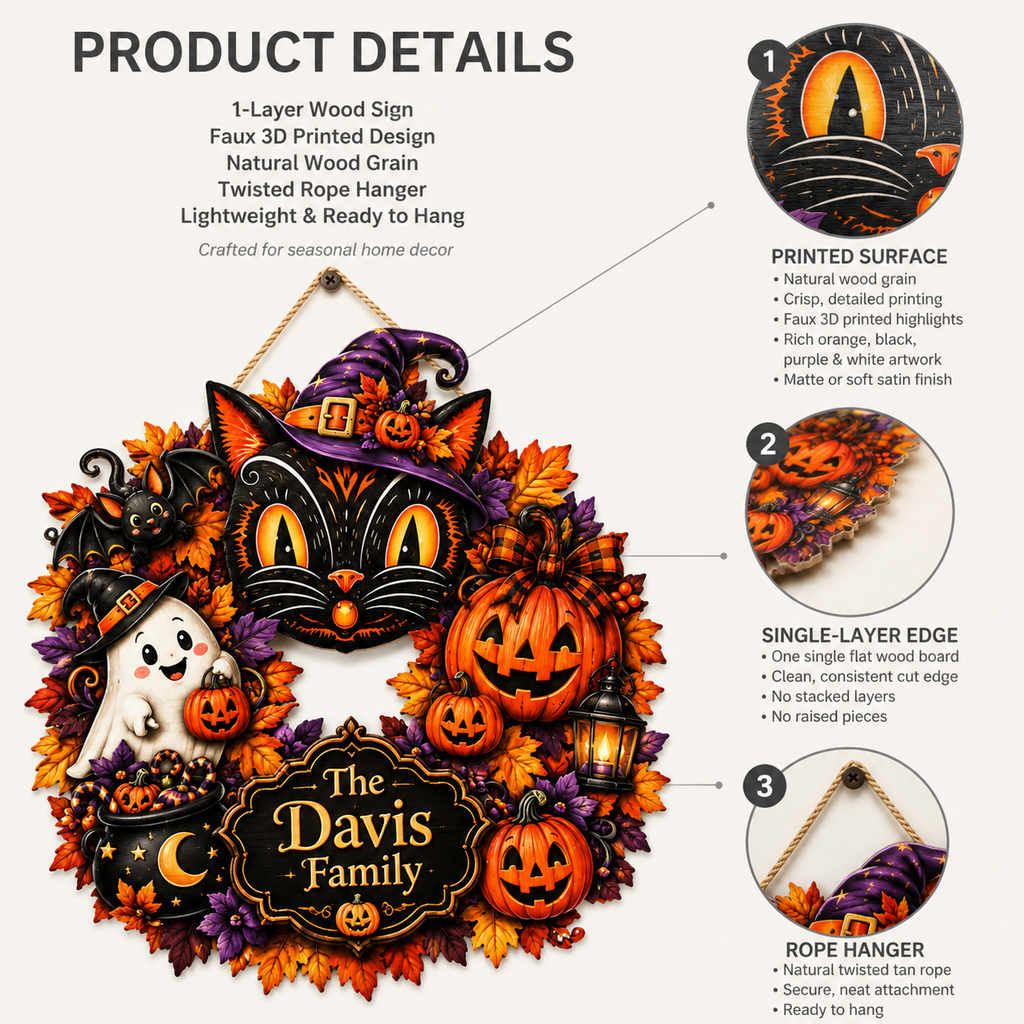 Black Cat & Ghost Halloween Wreath - Personalized Family Name Wood Sign - Spooky Halloween Door Decor
