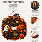 Black Cat & Ghost Halloween Wreath - Personalized Family Name Wood Sign - Spooky Halloween Door Decor