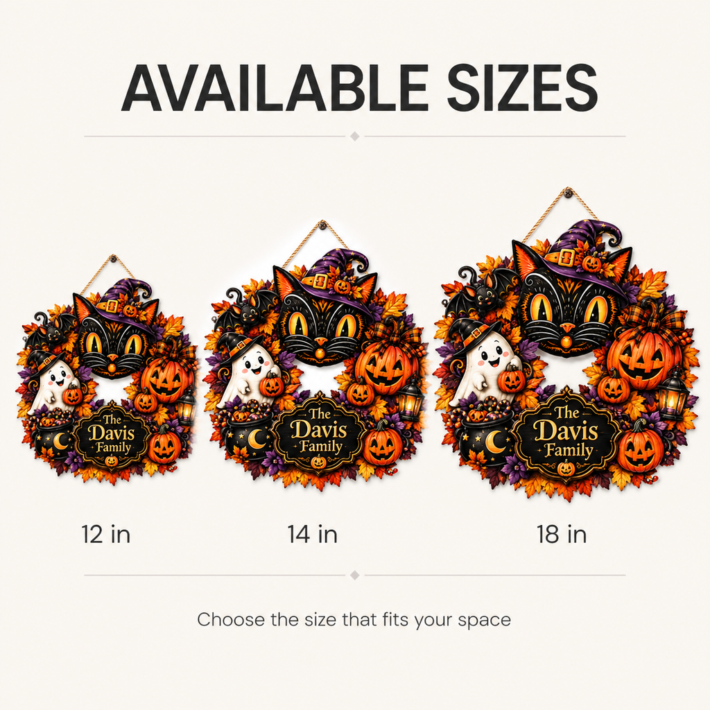 Black Cat & Ghost Halloween Wreath - Personalized Family Name Wood Sign - Spooky Halloween Door Decor