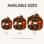 Black Cat & Ghost Halloween Wreath - Personalized Family Name Wood Sign - Spooky Halloween Door Decor