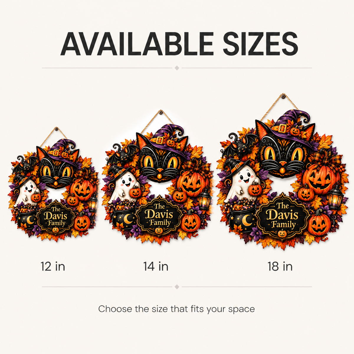 Black Cat & Ghost Halloween Wreath - Personalized Family Name Wood Sign - Spooky Halloween Door Decor