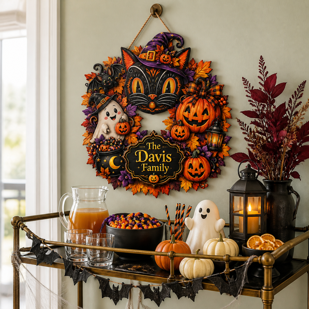 Black Cat & Ghost Halloween Wreath - Personalized Family Name Wood Sign - Spooky Halloween Door Decor