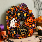 Black Cat & Ghost Halloween Wreath - Personalized Family Name Wood Sign - Spooky Halloween Door Decor