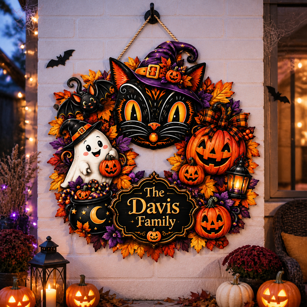 Black Cat & Ghost Halloween Wreath - Personalized Family Name Wood Sign - Spooky Halloween Door Decor