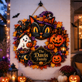 Black Cat & Ghost Halloween Wreath - Personalized Family Name Wood Sign - Spooky Halloween Door Decor
