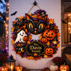 Black Cat & Ghost Halloween Wreath - Personalized Family Name Wood Sign - Spooky Halloween Door Decor