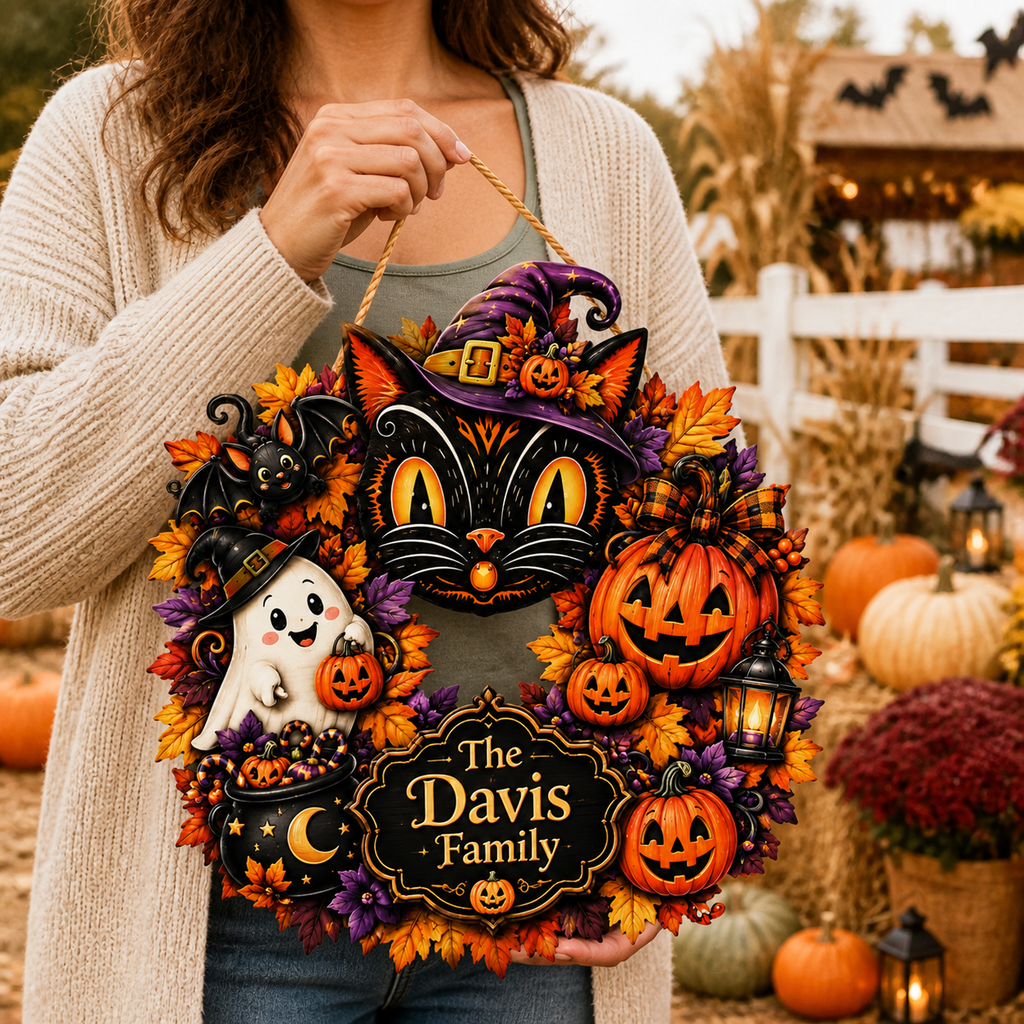 Black Cat & Ghost Halloween Wreath - Personalized Family Name Wood Sign - Spooky Halloween Door Decor