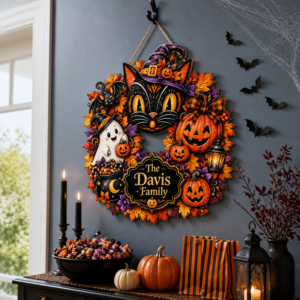 Black Cat & Ghost Halloween Wreath - Personalized Family Name Wood Sign - Spooky Halloween Door Decor