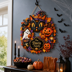 Black Cat & Ghost Halloween Wreath - Personalized Family Name Wood Sign - Spooky Halloween Door Decor