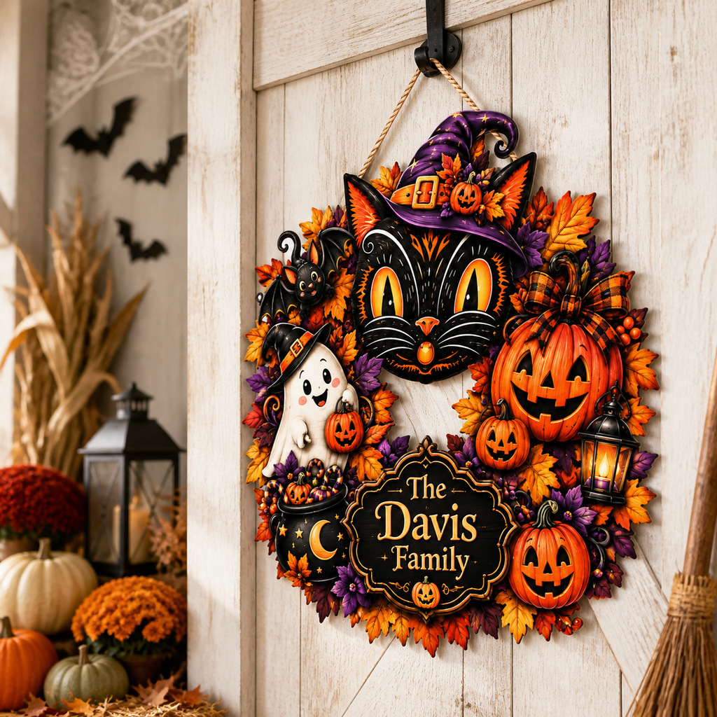 Black Cat & Ghost Halloween Wreath - Personalized Family Name Wood Sign - Spooky Halloween Door Decor