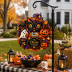 Black Cat & Ghost Halloween Wreath - Personalized Family Name Wood Sign - Spooky Halloween Door Decor