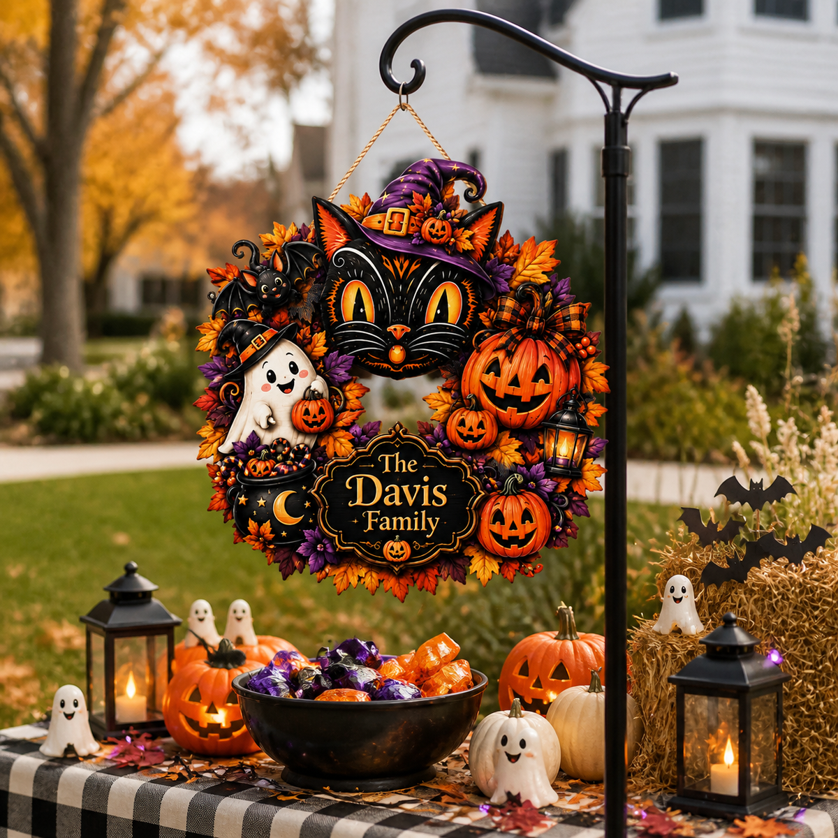Black Cat & Ghost Halloween Wreath - Personalized Family Name Wood Sign - Spooky Halloween Door Decor