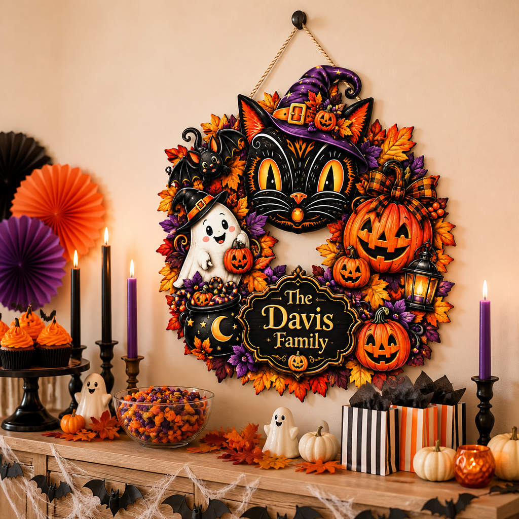 Black Cat & Ghost Halloween Wreath - Personalized Family Name Wood Sign - Spooky Halloween Door Decor