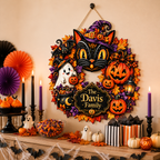 Black Cat & Ghost Halloween Wreath - Personalized Family Name Wood Sign - Spooky Halloween Door Decor