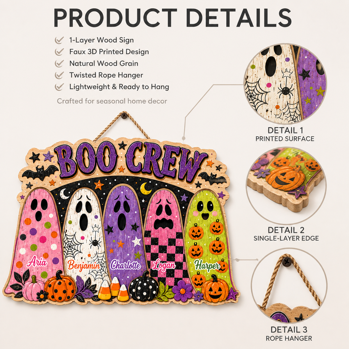 Boo Crew Ghosts With Custom Names - Personalized Wood Sign - Cute Halloween Door Decor For Family