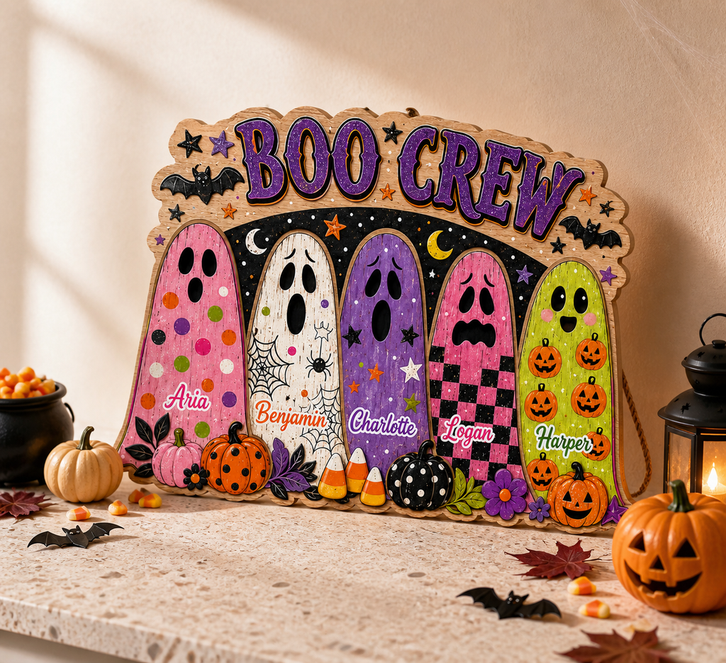 Boo Crew Ghosts With Custom Names - Personalized Wood Sign - Cute Halloween Door Decor For Family