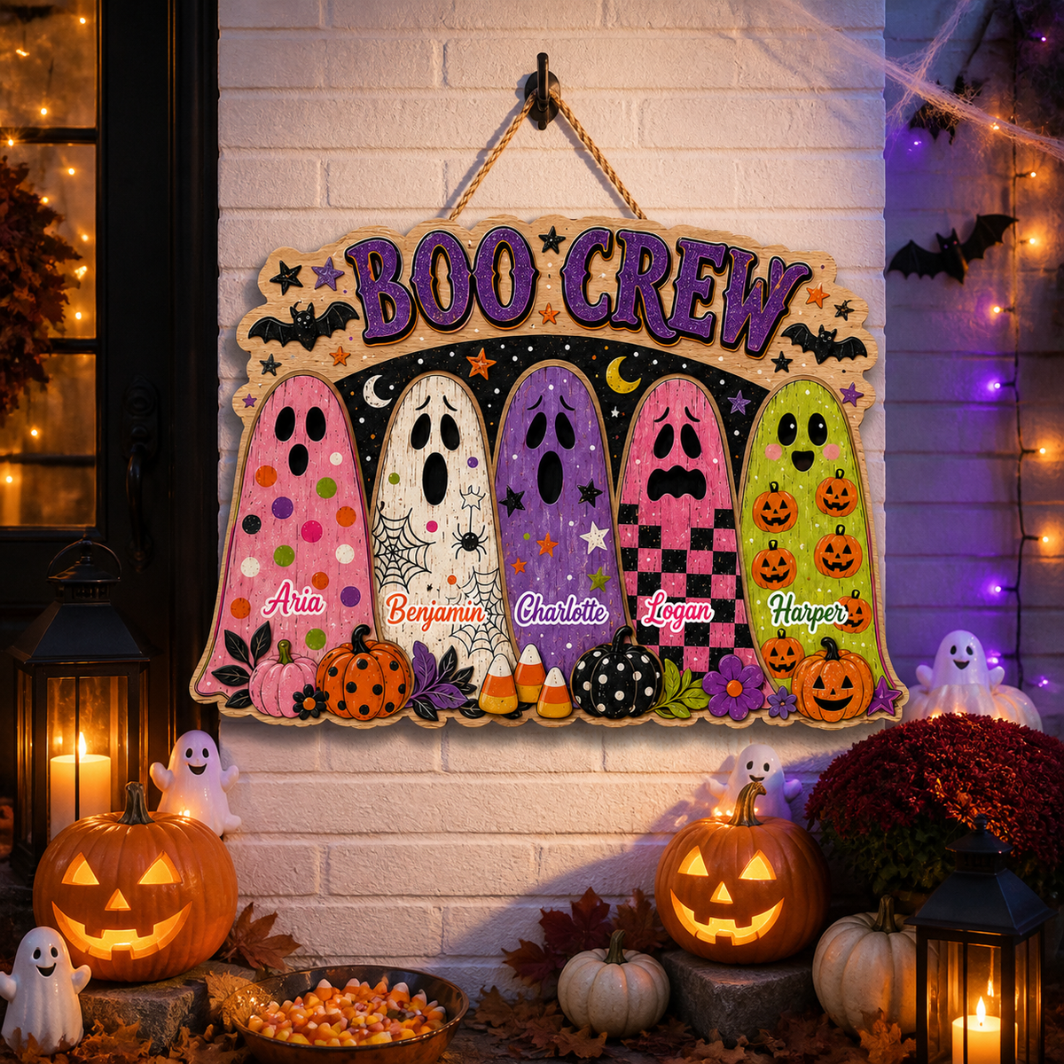Boo Crew Ghosts With Custom Names - Personalized Wood Sign - Cute Halloween Door Decor For Family