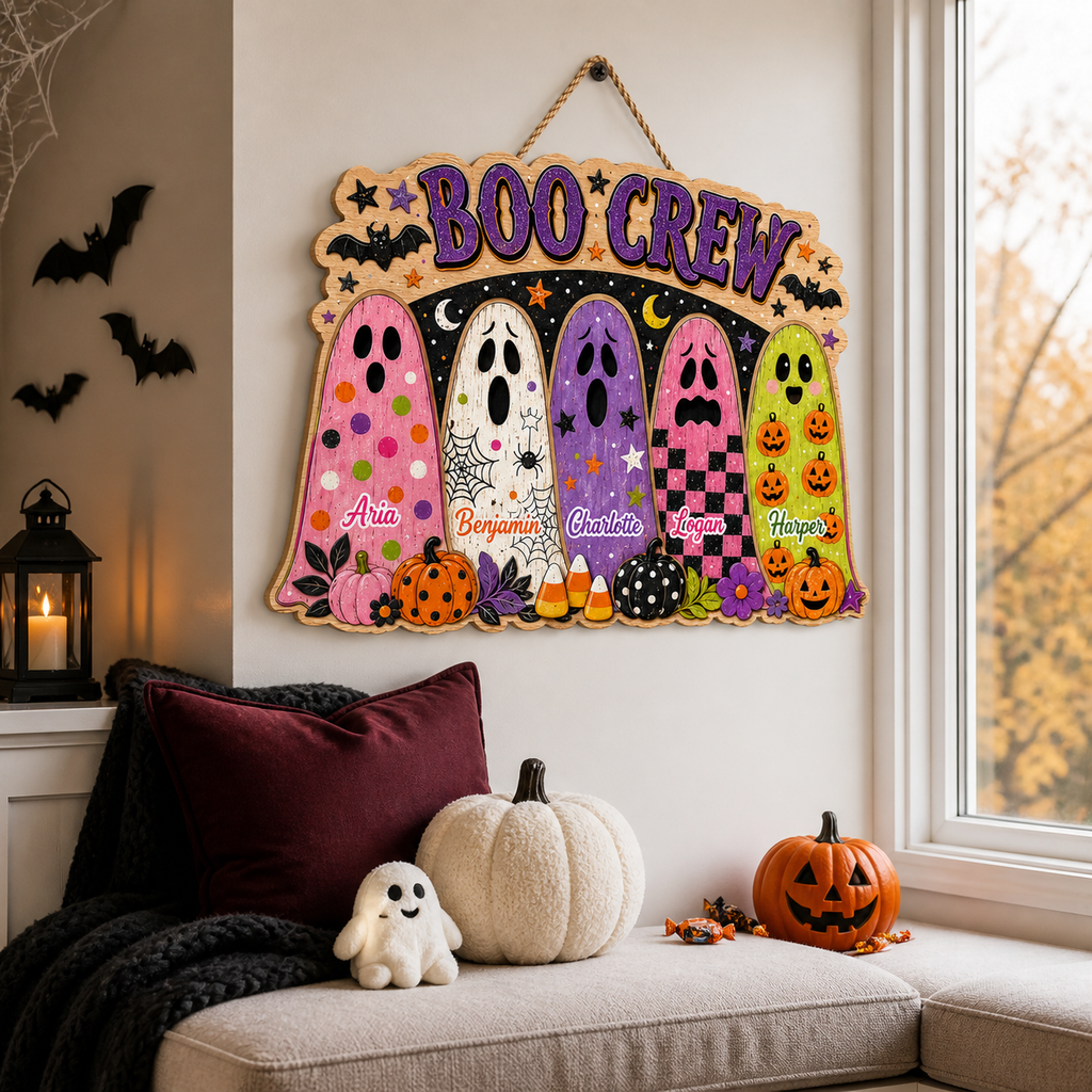 Boo Crew Ghosts With Custom Names - Personalized Wood Sign - Cute Halloween Door Decor For Family