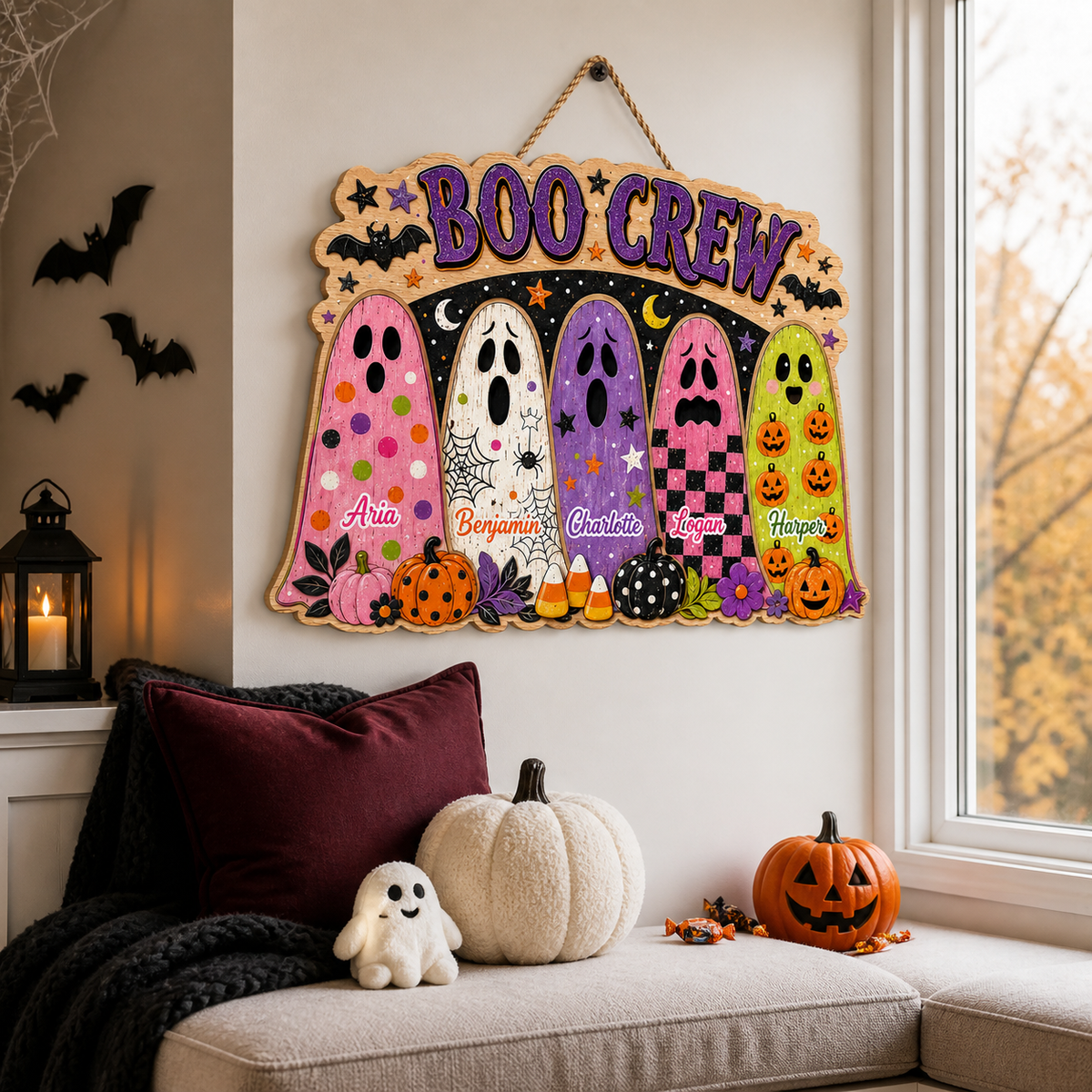 Boo Crew Ghosts With Custom Names - Personalized Wood Sign - Cute Halloween Door Decor For Family