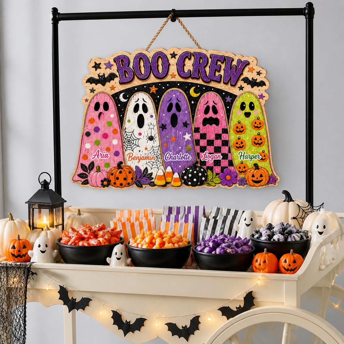 Boo Crew Ghosts With Custom Names - Personalized Wood Sign - Cute Halloween Door Decor For Family