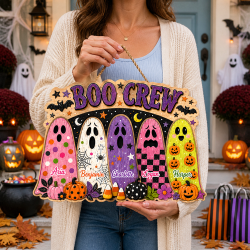 Boo Crew Ghosts With Custom Names - Personalized Wood Sign - Cute Halloween Door Decor For Family