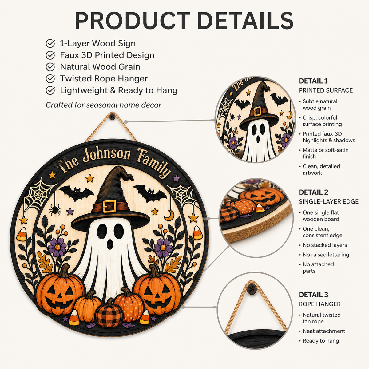 Cute Ghost Witch & Pumpkins With Family Name - Personalized Round Wood Sign - Halloween Door Decor