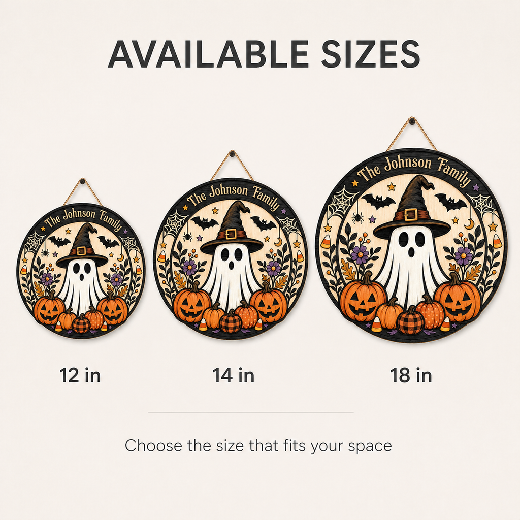 Cute Ghost Witch & Pumpkins With Family Name - Personalized Round Wood Sign - Halloween Door Decor