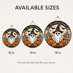Cute Ghost Witch & Pumpkins With Family Name - Personalized Round Wood Sign - Halloween Door Decor