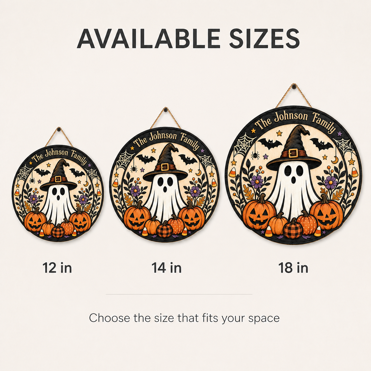 Cute Ghost Witch & Pumpkins With Family Name - Personalized Round Wood Sign - Halloween Door Decor
