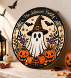 Cute Ghost Witch & Pumpkins With Family Name - Personalized Round Wood Sign - Halloween Door Decor