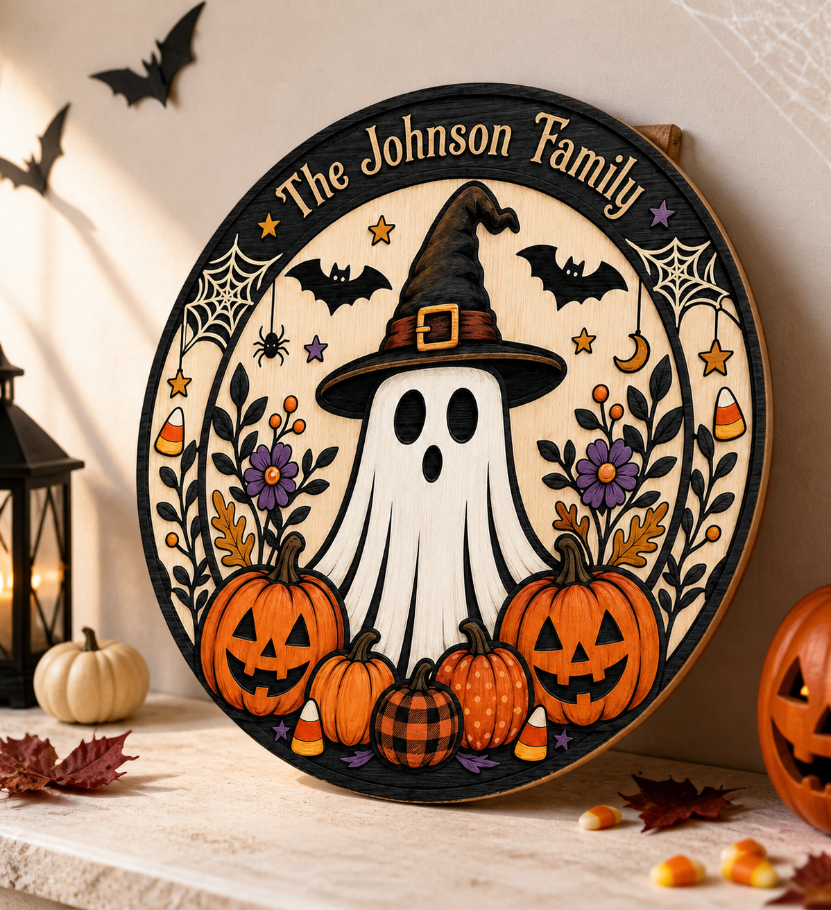 Cute Ghost Witch & Pumpkins With Family Name - Personalized Round Wood Sign - Halloween Door Decor